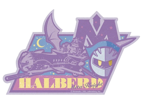 travel sticker that reads 'HALBERD' featuring meta knight, his M logo, and his battleship against a starry background